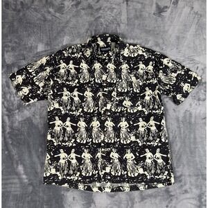 Vintage Ocean Pacific Hula Girl Hawaiian AOP Shirt Black Beige Button Up L
